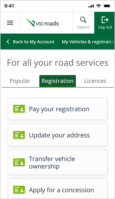 Mobile VicRoads homepage